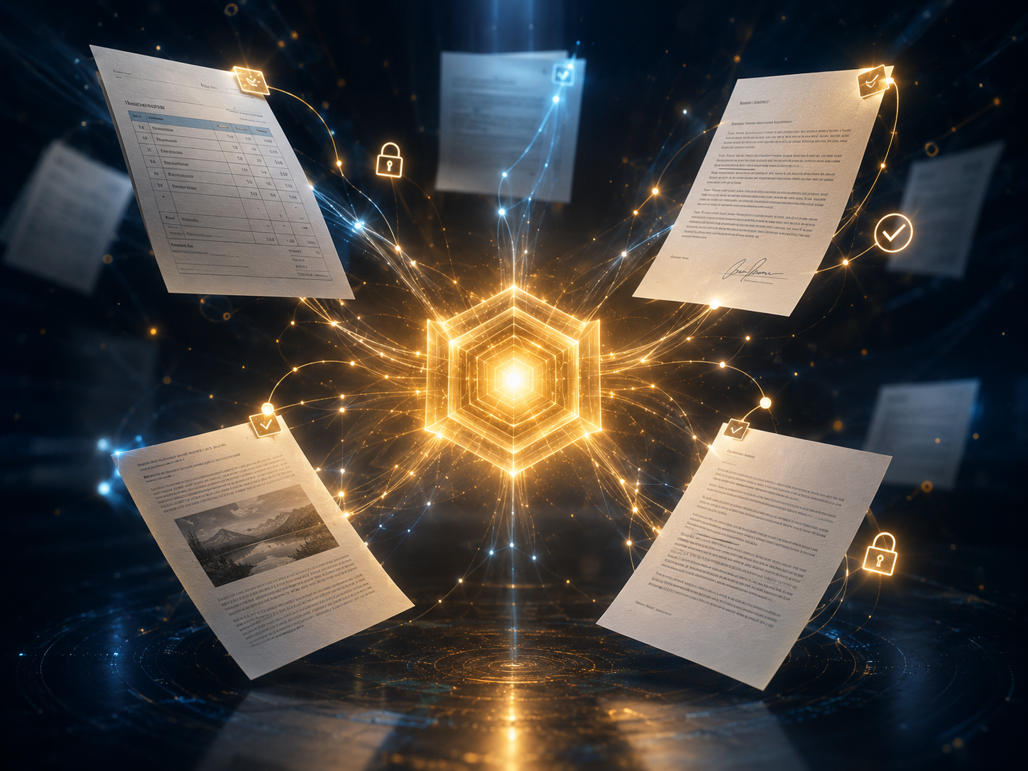 Documents flowing from upload, email, entity records, connected systems, and scans into one secure document hub