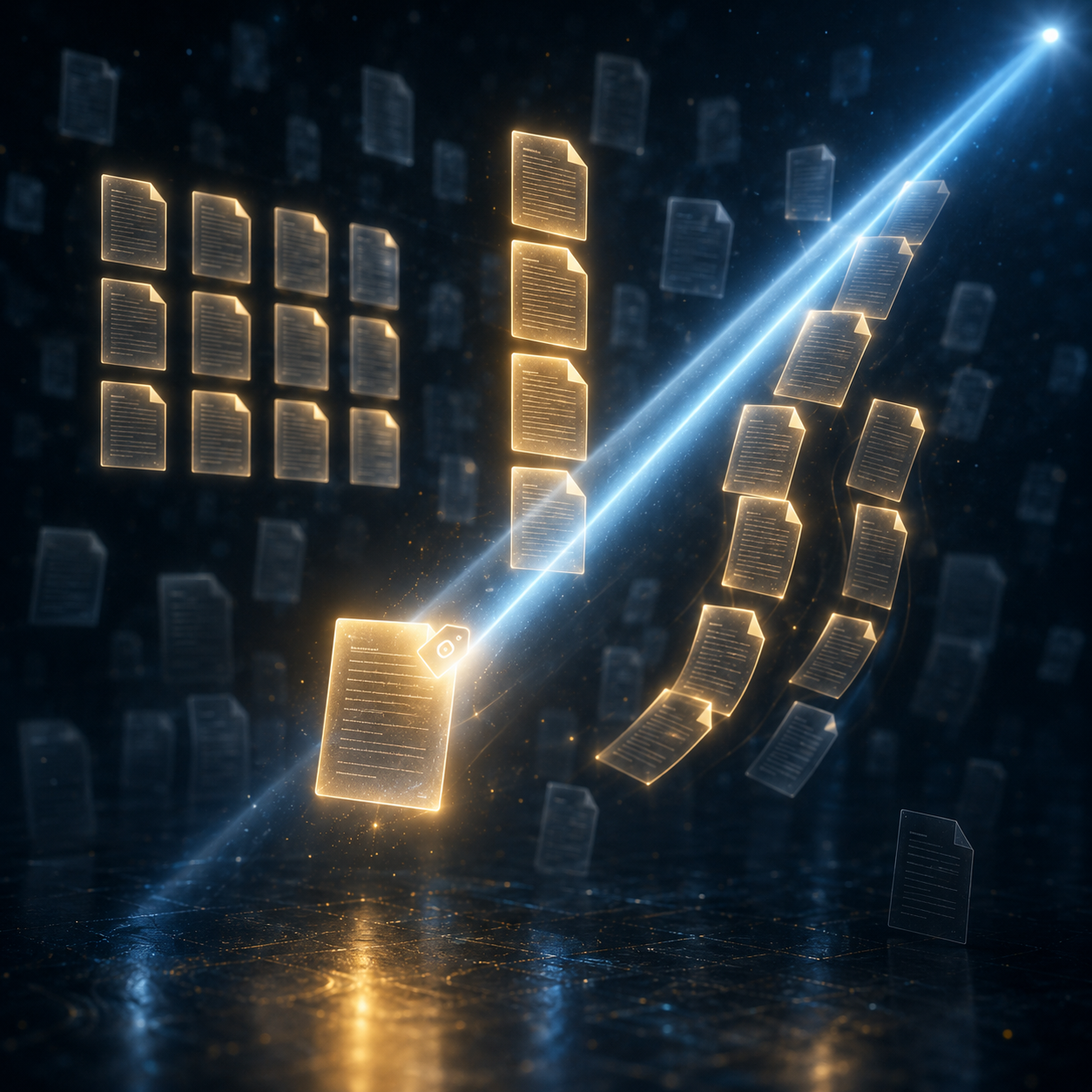 A search beam instantly locating the right document among many, across every source